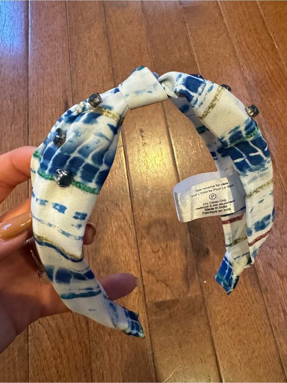 Blue & White Patterned Padded Headband with Gem Accents